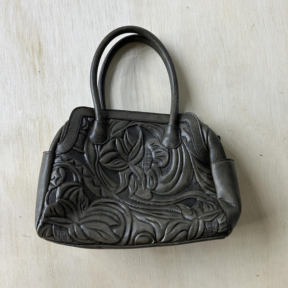 Vintage Satchel Bag Womens Small Embossed Faux Leather Floral Top Handle Purse